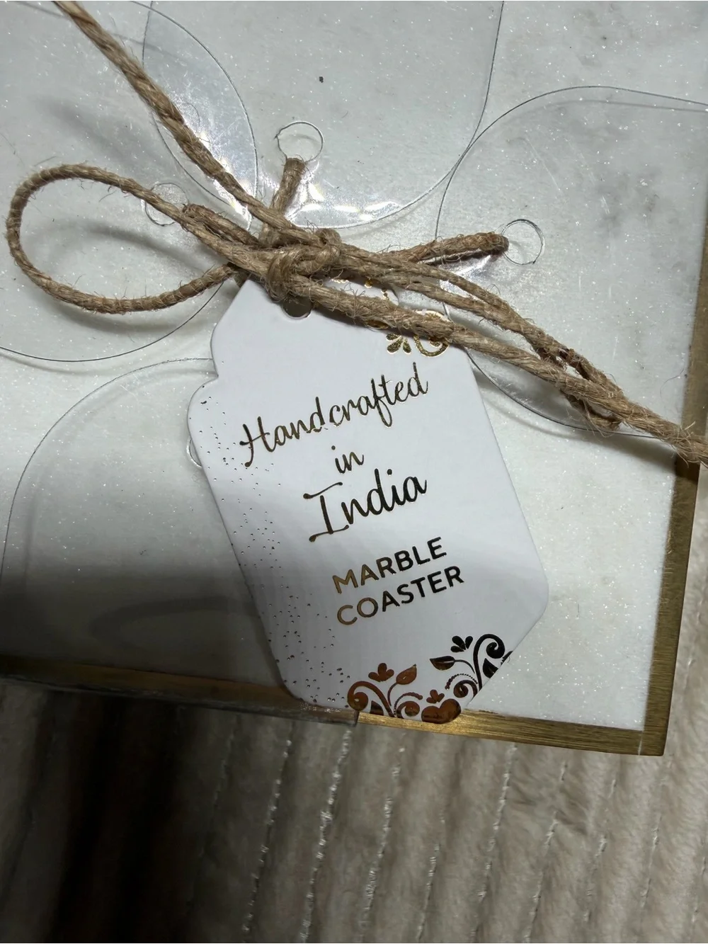White Marble Coasters with Gold Trim - Handcrafted